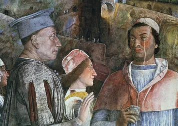 Markis Ludovico Gonzaga III av Mantua regerade 1444-78 och hälsade sin son kardinal Francesco Gonzaga, från Camera degli Sposi eller Camera Picta, 1465-74 freskdetalj av 78449