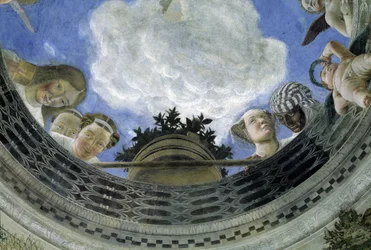 Oculus i taket i Makarnas kammare, hertigpalatset i Mantua, Italien (Camera degli Sposi, Palazzo Ducale, Mantova): detalj med allegoriska figurer och putti. Fresk av Andrea Mantegna (1431-1506)