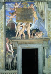 Putti med fjärilsvingar som bär dedikationsplaketten, med jakthundar och deras förare nedanför, från Camera degli Sposi eller Camera Picta, 1465-74 (detalj av 78449)