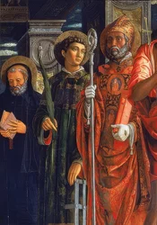 San Zeno altare. Detalj av höger sida. 1457-1460. Detaljen visar Augustinus av Hippo, Lawrence av Rom och Benedictus av Nursia