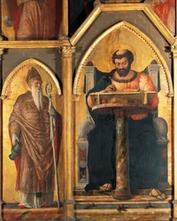 St Lukas vid sitt skrivbord och St Prosdocimus, detalj från St Lukas altartavla av Andrea Mantegna (1431-1506), tempera på trä