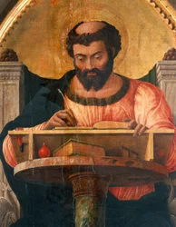 St Luke vid sitt skrivbord, detalj från altartavla av St Luke av Andrea Mantegna (1431-1506), tempera på trä