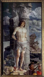 Sankt Sebastians martyrium. Målning av Andrea Mantegna (1431-1506), 1480. Mått 2,55 x 1,4 m