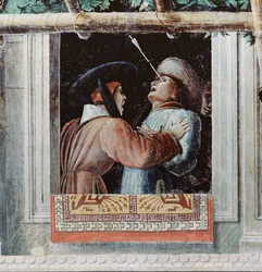 Sankt Kristofers martyrskap, detalj av en man som träffats genom ögat av en pil, cirka 1450-56