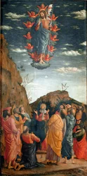 Uppstigningen. Målning av Andrea Mantegna (1431-1506) av 1460. 86x42,5 cm. Firenze, Galleria degli Uffizi. - Kristi himmelsfärd, av Andrea Mantegna (1431-1506). Tempera på trä, 86x42,5 cm