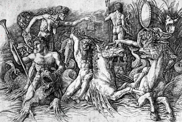 Slaget vid Havsgudarna, av Andrea Mantegna (1431-1506), gravyr. Detalj.