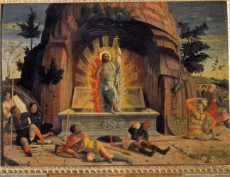 Uppståndelsen Fragment av predellen av altartavlan i kyrkan San Zeno i Verona av Andrea Mantegna (1431-1506). 1457. Dim 0,71 x 0,94 m. Rundturer i konstmuseet