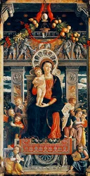 Jungfru tronar, detalj från centrala delen av San Zeno altartavla av Andrea Mantegna (1431-1506), trä, 220x115 cm, Basilica of San Zeno, Verona