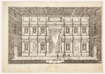 Interiörhöjd av den olympiska teatern i staden Vincenza (Utsikt över scenen i Teatro Olimpico i Vicenza)