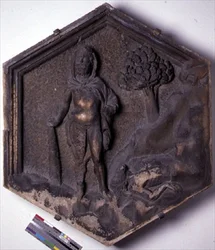 Kain och Abel, hexagonal dekorativ reliefbricka från en serie som illustrerar avsnitt från Genesis, möjligen baserad på design av Giotto (ca 1266-1337) ca 1334-48 (marmor)