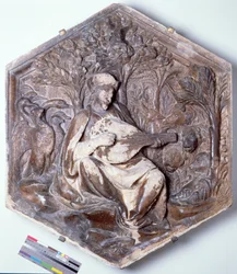 Poesi, sexkantigt dekorativt reliefplattor från en serie som föreställer de sju fria konsterna, möjligen efter ritningar av Giotto (ca 1266-1337) ca 1334-48 (marmor)
