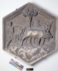 The Art of Agriculture, hexagonal dekorativ reliefplatta från en serie som föreställer utövarna av konst och vetenskap, möjligen baserad på design av Giotto (ca 1266-1337) ca 1334-1348 (marmor)
