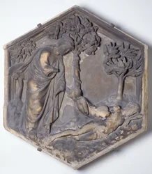 The Creation of Eve, hexagonal dekorativ reliefbricka från en serie som illustrerar avsnitt från Genesis, möjligen baserad på design av Giotto (ca 1266-1337) ca 1334-48 (marmor)