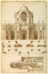 Föreslagen höjd, sektion och plan för fasaden av San Giovanni, Laterano, Rom, Italien