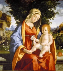Madonna med barn i landskap