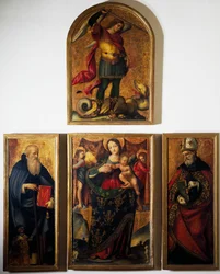 Polyptyk med Madonna och helgon, av Andrea Sabatini da Salerno (1480-1530), målning på trä.
