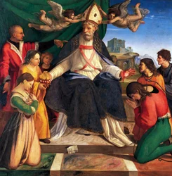 St Nicholas of Bari tronad av Andrea Sabatini (ca 1484-1530), olja på duk
