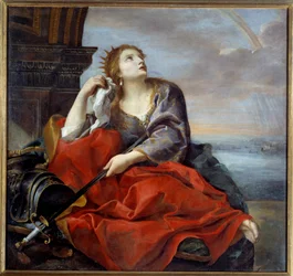 Dido, Kartagos drottning, övergiven av Aeneas. Hon riktar svärdet mot sin mage som ett tecken på förtvivlan. Målning av Andrea Sacchi (1599-1661), 1635. Sol. 1,4x1,48 m. Caen, konstmuseet