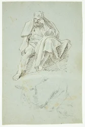 Sittande man med huvudet vilande på vänster hand. Apostel?