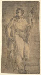 Ett helgon, möjligen Matteus, med en stav och en bok, cirka 1540-50.