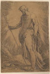 En apostel som håller en stav vänd åt vänster, ca. 1540-60.