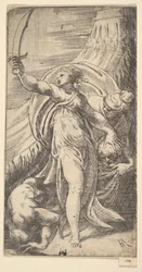 Judith höjde sitt svärd i sin högra hand och placerade Holofernes huvud i sa..., ca. 1542-45.