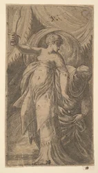 Judith med sitt svärd i höger hand och placerar huvudet på Holofernes i..., ca. 1540-45.