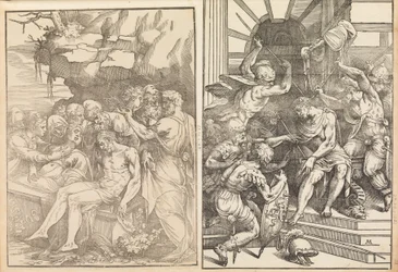Klagosång över den döde Kristus, Kristus attackeras av soldater, ca. 1556-57.