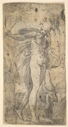 Merkurius står och håller en kadekus i höger hand, en lyra i vänster, ca. 1536-40.