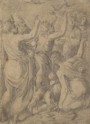 Moses visar vaktlarna för israeliterna under vaktlarna och mannat, ca. 1545.