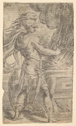 Mutius Scaevola placerade sin hand i lågorna lämnade hälften av en komposition, vars hög..., ca. 1540.