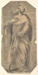Saint Judas vänd åt vänster, bok under sin vänstra arm, från 