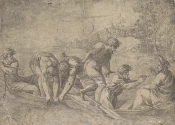 Fiskarnas mirakulösa drag, Kristus till höger åtföljd av apostlar i..., ca.1548-52.
