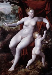 Venus och Amor-målning av Andrea Semino (1526-1594) 1577 Genes, Musei di Strada Nuova (tidigare Palazzo Bianco)