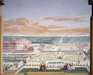 Perspektivritning av en villa och imaginär trädgård, fresk av Andrea Urbani (1711-1798) i Villa Pisani, Stra, Veneto. Italien
