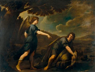 Ängeln och Tobias med fisken - Målning av Andrea Vaccaro (1604-1670), olja på duk (199,5x262 cm), cirka 1640, italiensk konst