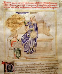 Allegorier av astrologi eller astronomi i "" Song of the Seven Vertus and the Seven Liberal Arts avsedd för Bruzio Visconti "(Sången om dygder och vetenskaper) av Bartolomeo di Bartoli. Akvarell av Andrea di Bartoli (aktiv mellan 1358 och