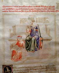 Allegorier av Grammaire i "" Chansonne des sept Vertus et des sept Arts liberales destinated to Bruzio Visconti "(Sången om dygder och vetenskaper) av Bartolomeo di Bartoli. Akvarell av Andrea di Bartoli (aktiv mellan 1358 och 1368) (ms. 599, fo