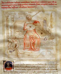 Allegorier av musiken i "" Chansonne des sept Vertus et des sept Arts liberales destinee à Bruzio Visconti "(Sången om dygder och vetenskaper) av Bartolomeo di Bartoli. Akvarell av Andrea di Bartoli (aktiv mellan 1358 och 1368) (ms. 599, fol.