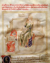 Allegorier av retoriken i "" Chansonne des sept Vertus et des sept Arts liberales destinated to Bruzio Visconti "(Sången om dygder och vetenskaper) av Bartolomeo di Bartoli. Akvarell av Andrea di Bartoli (aktiv mellan 1358 och 1368) (ms. 599, f
