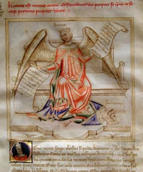Allegory of Charity ailee som trampar Herode I den store för fötterna i "" Song of the Seven Vertus and the Seven Liberals Arts destinee for Bruzio Visconti "(Sången om dygder och vetenskaper) av Bartolomeo di Bartoli. Akvarell av Andrea di Bartoli (