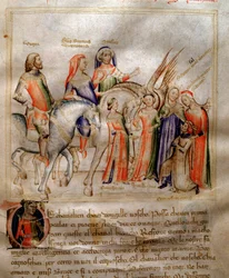Författaren knäböjer för att presentera sin bok för den unge prinsen Visconti av Milano i "" Song of the Seven Vertus and the Seven Liberal Arts destinee for Bruzio Visconti "(La Canzone delle Virtu e delle Scienze) av Bartolomeo di Bartoli. Akvarell av An