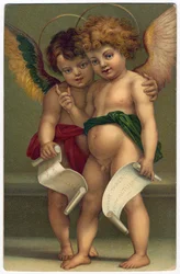 Två änglar. Fromma bild efter målaren ANDREA DEL SARTO (1486-1530), Dresden, ca 1910 (kromolitografi)