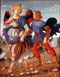 Tobias och ängeln: Tobias, som av sin blinde far fått i uppdrag att hitta fisken, åtföljs av ärkeängeln Rafael. Målning från Andrea del Verrocchios skola (1435-1488), 1470-1480. National Gallery, London