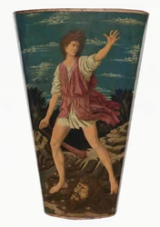 David med Goliat huvud, ca 1450-1455 (tempera på läder på trä)