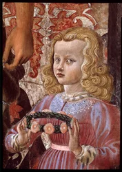 Jungfru och barn med två änglar, Johannes Döparen och ett annat helgon, och två barn i familjen Pazzi. Detalj som representerar en av Pazzis döttrar (Jungfru med barn med Johannes Döparen och ett annat helgon, två änglar och två barn till