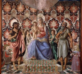 Jungfru med barn med Saint John Baptist och ett annat helgon, två änglar och två barn i familjen Pazzi Fresco av Andrea del Castagno (1421-1457) Florens, Palazzo Pitti