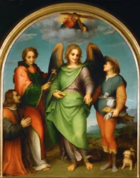 Ärkeängeln Rafael och Tobias, Sankt Laurentius och donatorn, Leonardo di Lorenzo Morelli (målning på trä)