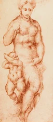 Välgörenhet, teckning av Pontormo, tidigare tillskriven Andrea del Sarto. Cabinet of Drawings and Prints, Uffizi Gallery, Florens