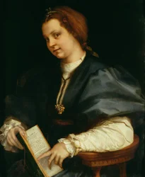 Dam med versbok av Petrarca, ca 1514